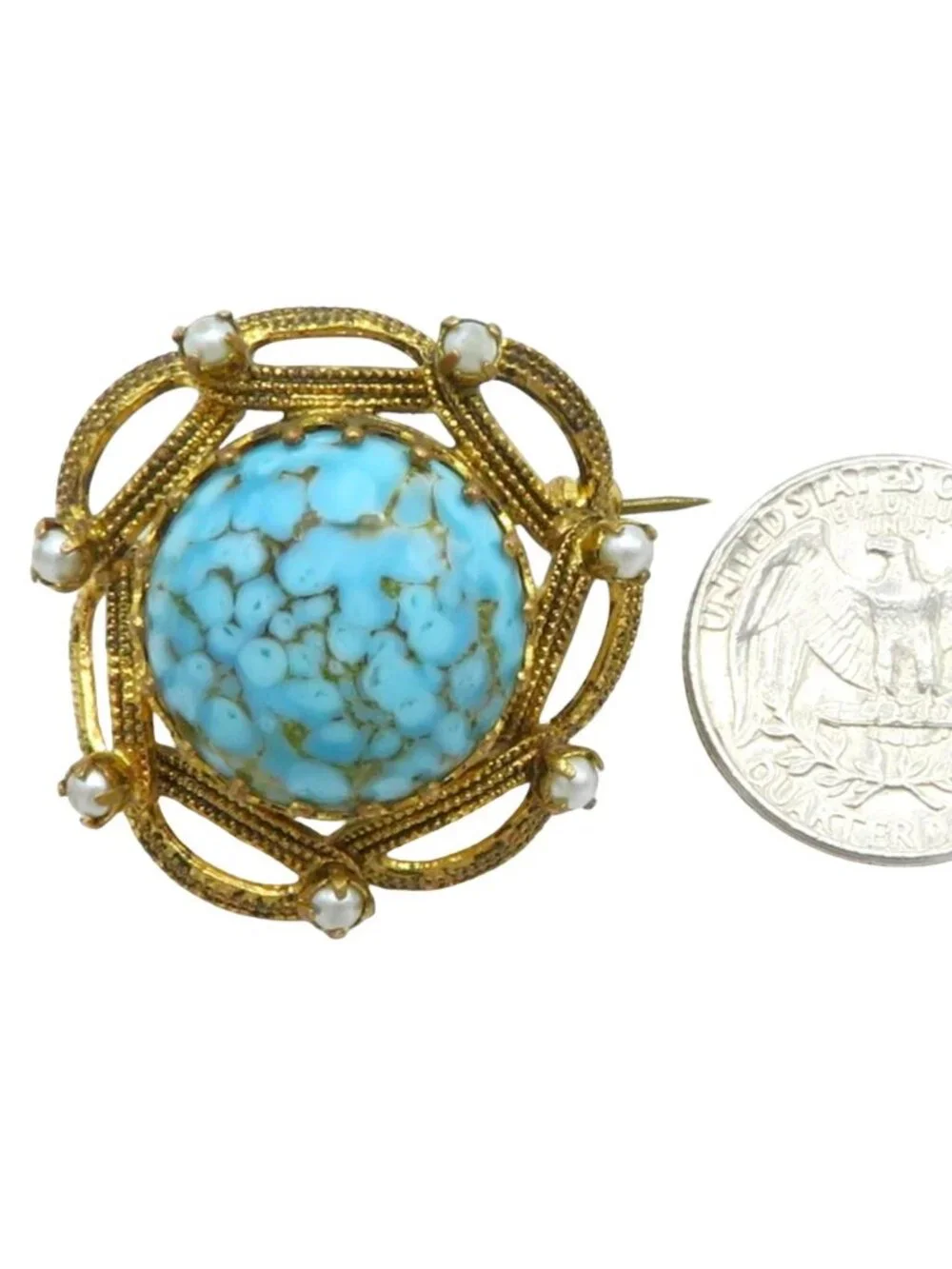 Vintage Austria Faux Pearl & Turquoise Cabochon Filigree Brooch Pin 1950s